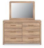Kinlanni Upholstered Panel Bed, Dresser and Mirror