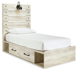 Averly Panel Bed with 2 Storage Drawers with Mirrored Dresser, Chest and Nightstand