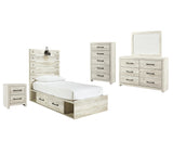 Averly Panel Bed with 2 Storage Drawers with Mirrored Dresser, Chest and Nightstand