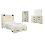Averly Panel Bed with 2 Storage Drawers with Mirrored Dresser and Chest