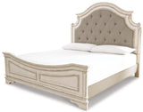 Realyn Upholstered Panel Bed with Mirrored Dresser, Chest and 2 Nightstands