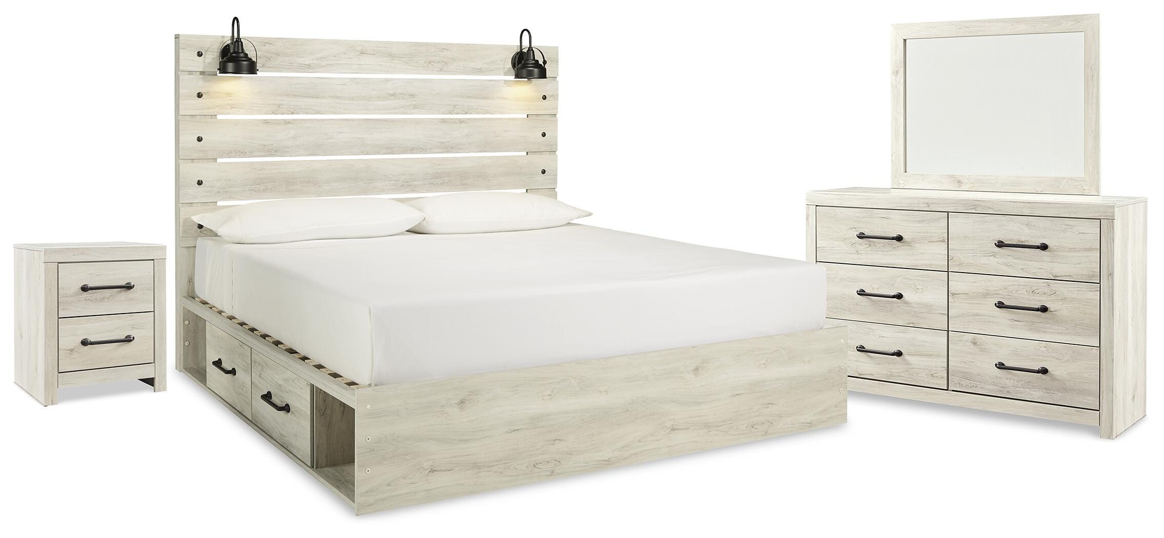 Averly Panel Bed with Storage, Dresser and Mirror