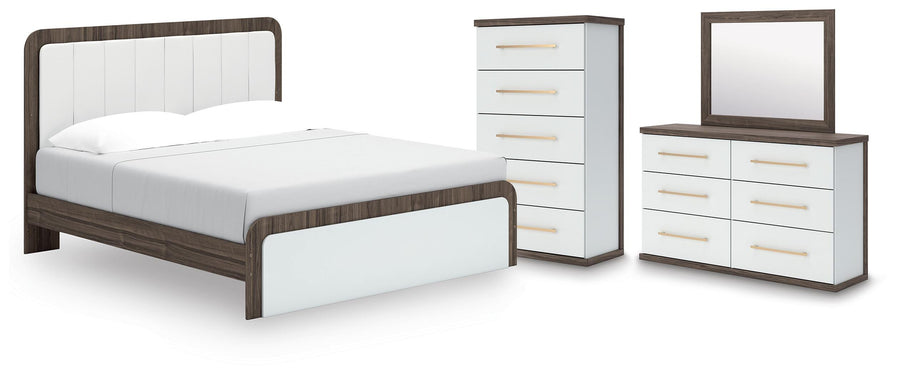 Kendanport Upholstered Bed, Dresser, Mirror and Chest