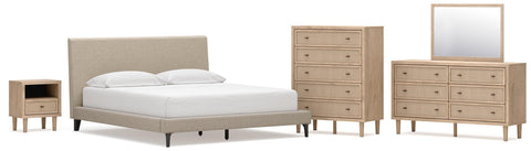 Cielden Upholstered Bed with Roll Slats, Dresser, Mirror, Chest and Nightstand