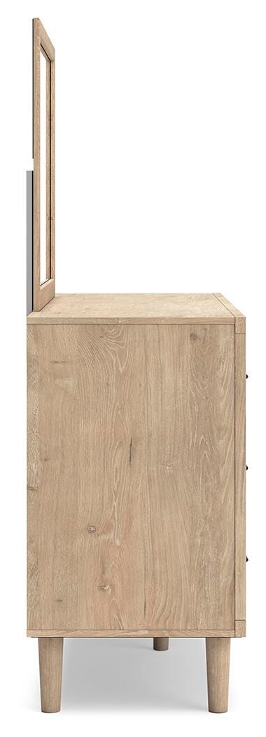 Cielden Upholstered Bed with Roll Slats, Dresser and Mirror