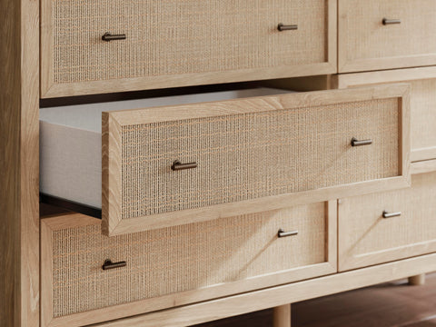 Cielden Upholstered Bed with Roll Slats, Dresser and Nightstand