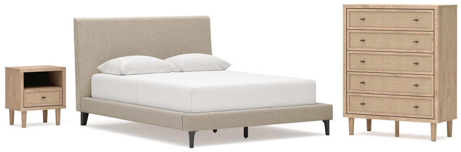Cielden Upholstered Bed with Roll Slats, Chest and Nightstand
