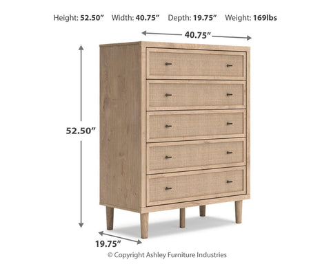 Cielden Upholstered Bed with Roll Slats, Dresser, Mirror, Chest and Nightstand