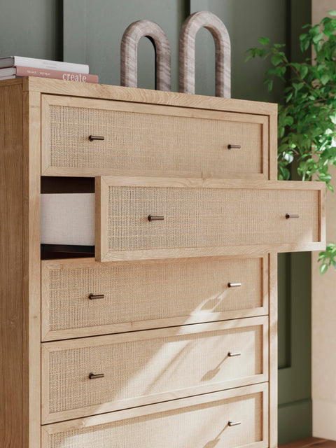 Cielden Upholstered Bed with Roll Slats, Dresser, Mirror, Chest and Nightstand