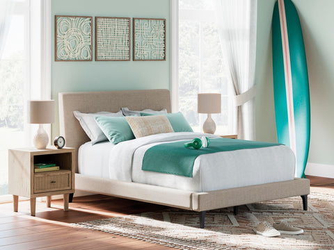 Cielden Upholstered Bed with Roll Slats, Dresser and Mirror
