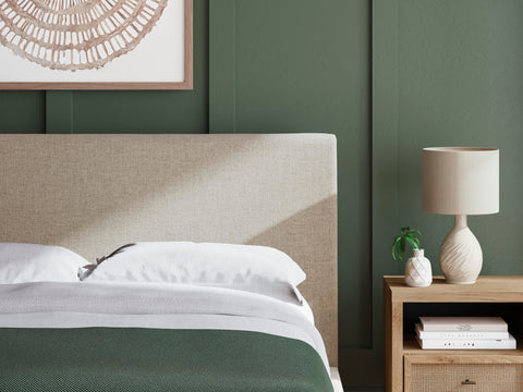 Cielden Upholstered Bed with Roll Slats, Dresser and Mirror