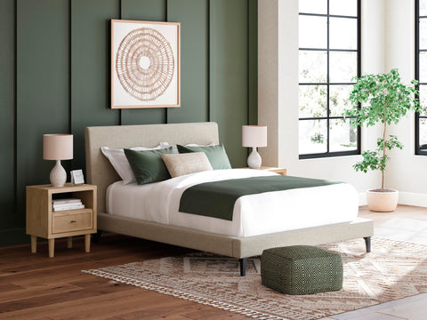 Cielden Upholstered Bed with Roll Slats, Dresser and Mirror