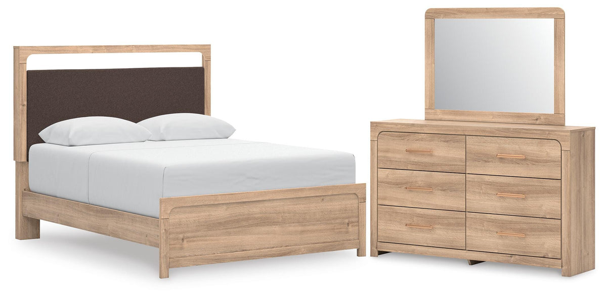 Kinlanni Upholstered Panel Bed, Dresser and Mirror