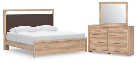 Kinlanni Upholstered Panel Bed, Dresser and Mirror