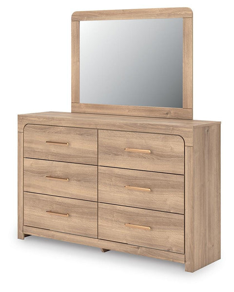 Kinlanni Upholstered Panel Bed, Dresser and Mirror