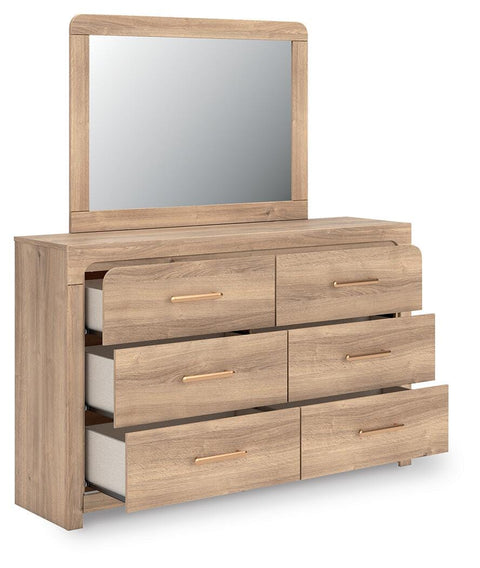 Kinlanni Upholstered Panel Bed, Dresser and Mirror