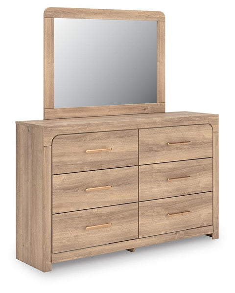 Kinlanni Upholstered Panel Bed, Dresser and Mirror