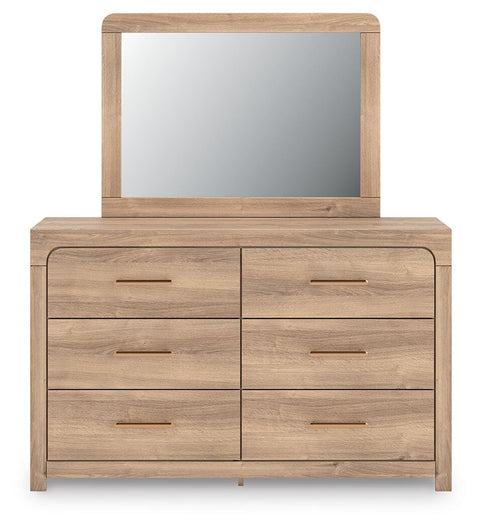Kinlanni Upholstered Panel Bed, Dresser and Mirror