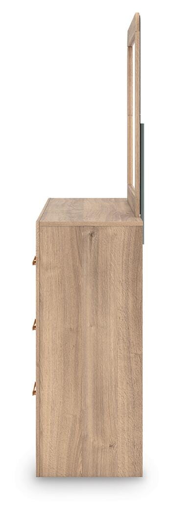 Kinlanni Upholstered Panel Bed, Dresser and Mirror
