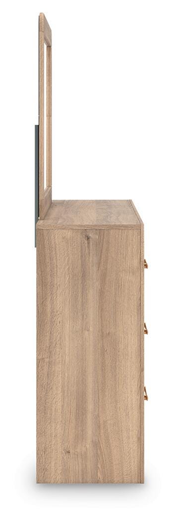 Kinlanni Upholstered Panel Bed, Dresser and Mirror