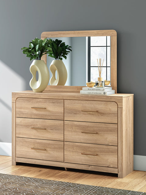 Kinlanni Upholstered Panel Bed, Dresser and Mirror