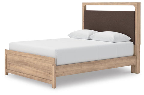 Kinlanni Upholstered Panel Bed, Dresser and Mirror