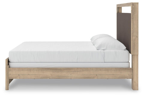 Kinlanni Upholstered Panel Bed, Dresser and Mirror