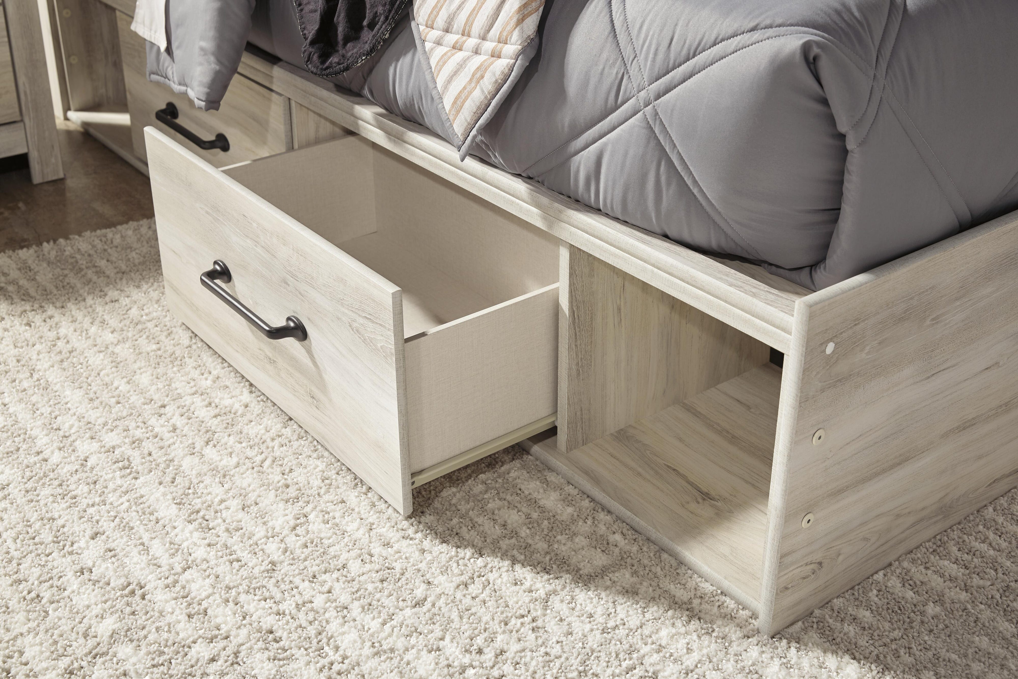Averly Panel Bed with 2 Storage Drawers with Mirrored Dresser, Chest and Nightstand