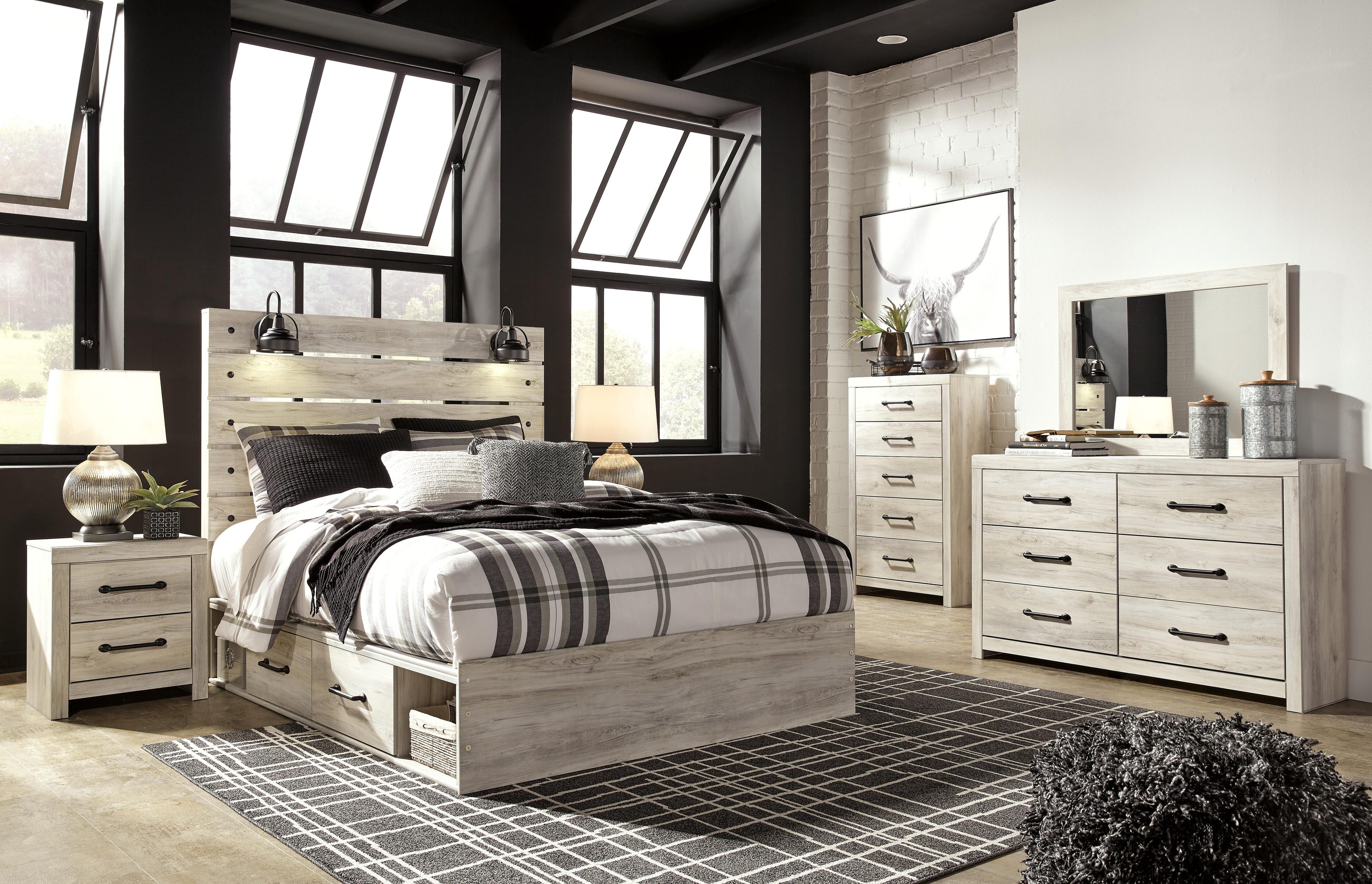 Averly Panel Storage Bed, Dresser, Mirror, 2 Chests and 2 Nightstands