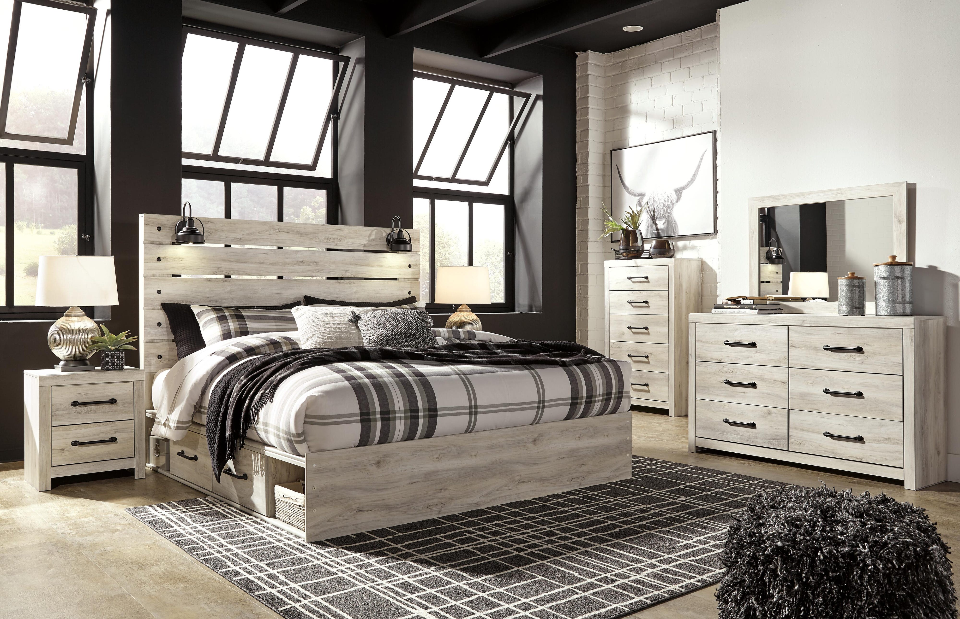 Averly Panel Bed with Storage, Dresser, Mirror, Chest and 2 Nightstands