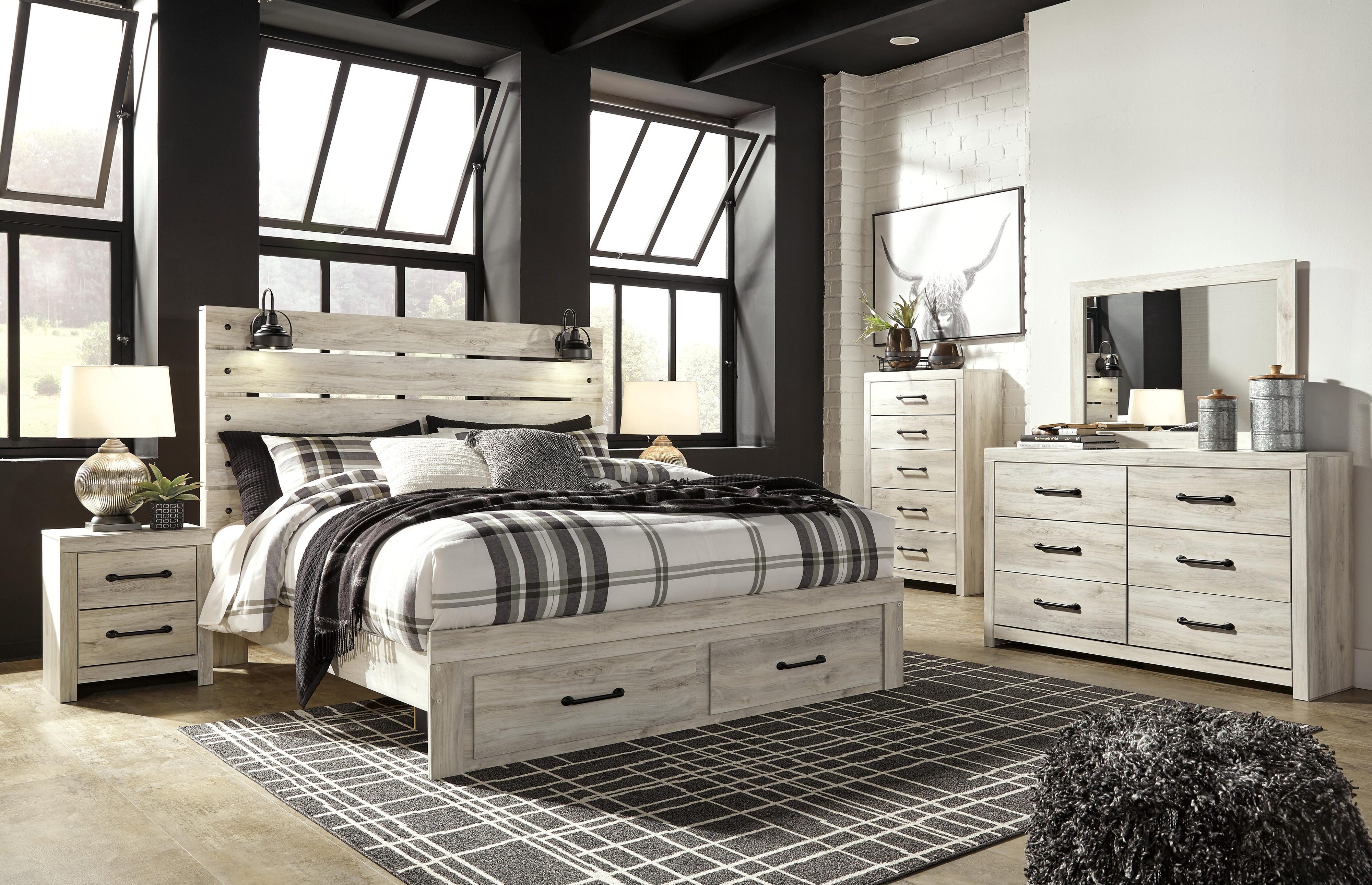 Averly Panel Bed with 2 Storage Drawers with Mirrored Dresser, Chest and Nightstand