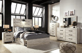 Averly Panel Bed with 4 Storage Drawers with Mirrored Dresser, Chest and 2 Nightstands
