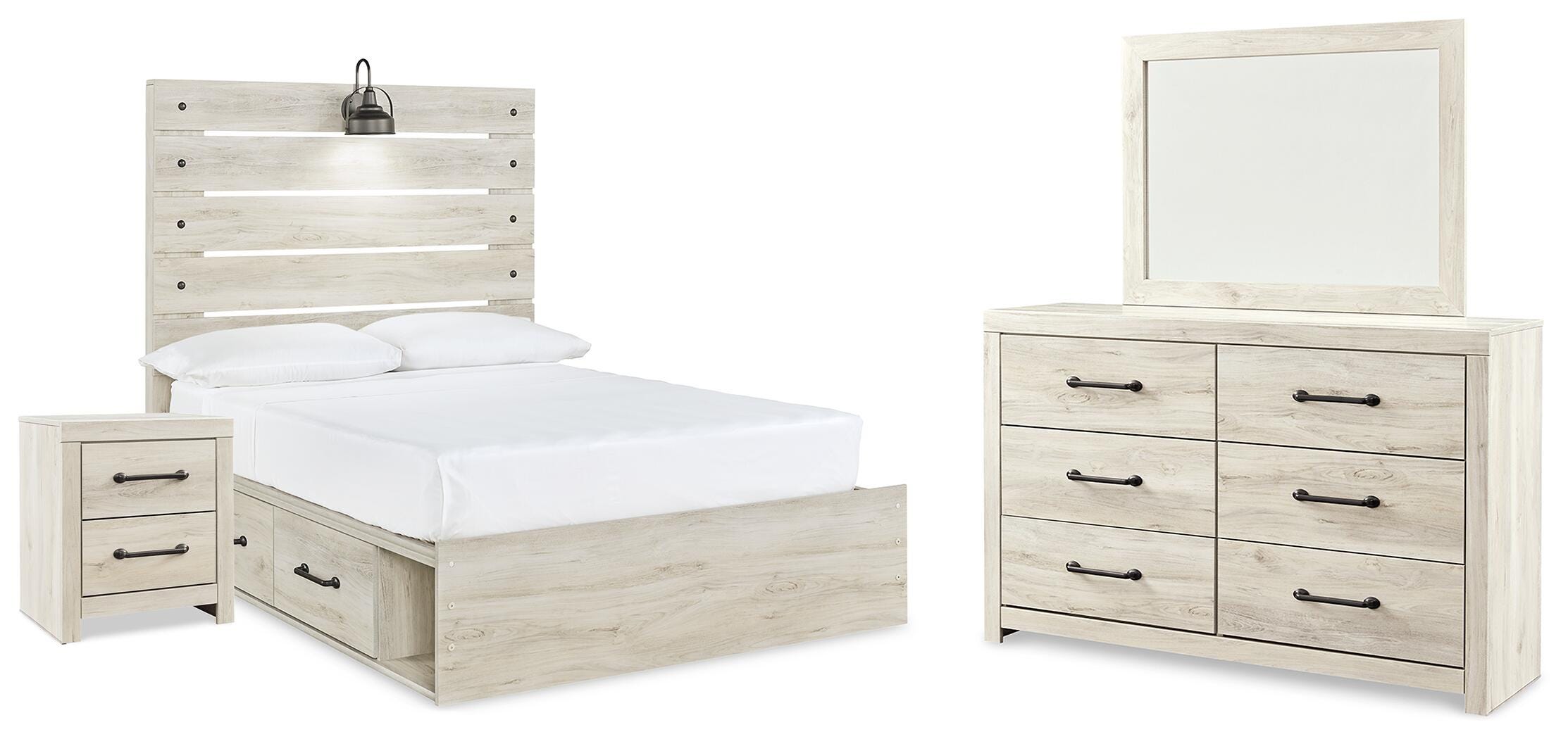 Averly Panel Bed with Storage, Dresser and Mirror