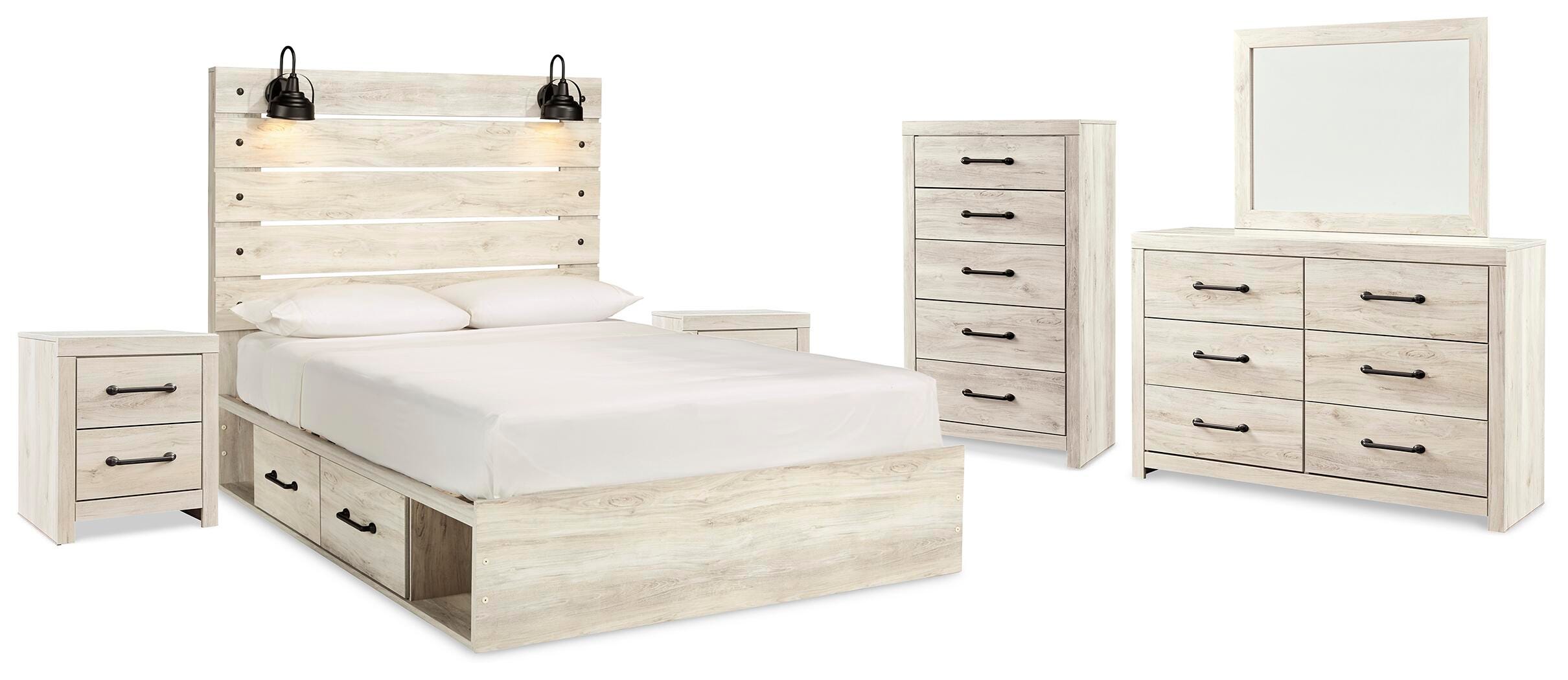 Averly Panel Storage Bed, Dresser, Mirror, Chest and 2 Nightstands
