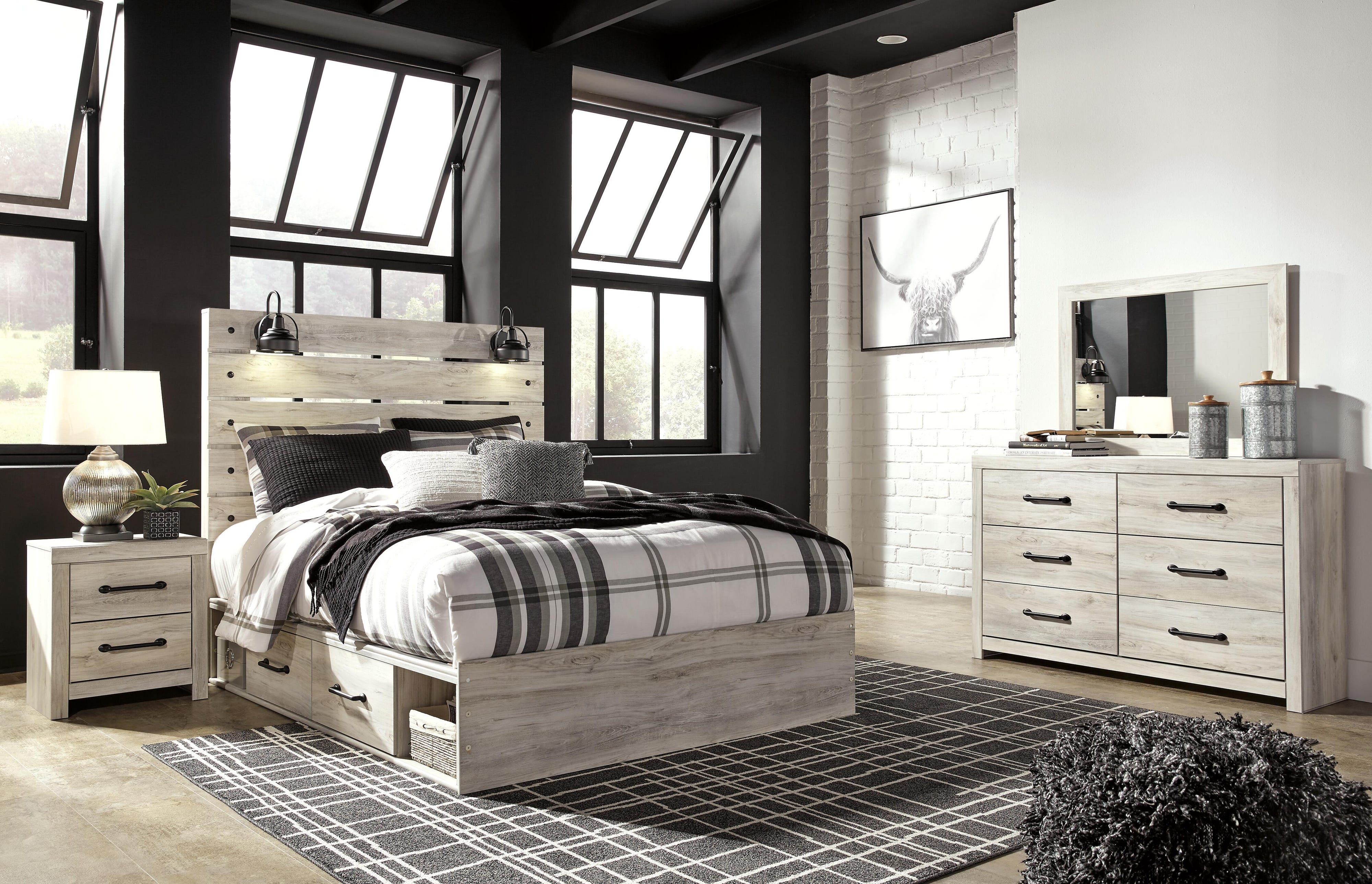 Averly Panel Bed with Storage, Dresser and Mirror