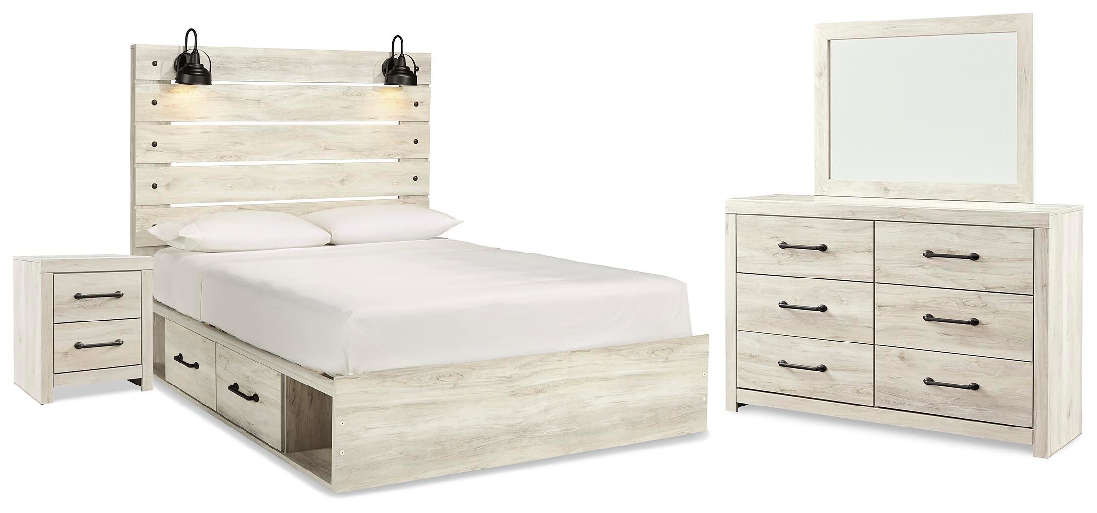 Averly Panel Bed with Storage, Dresser and Mirror