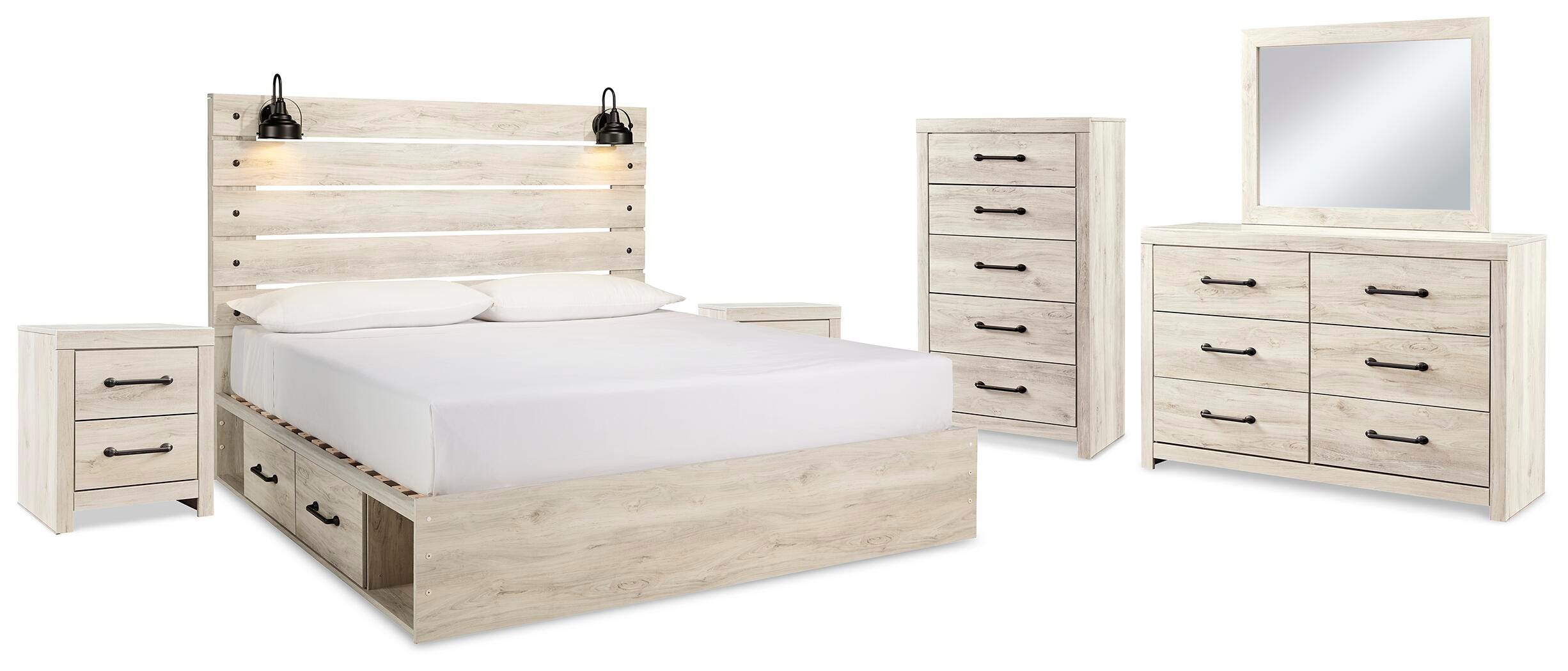 Averly Panel Storage Bed, Dresser, Mirror, Chest and 2 Nightstands