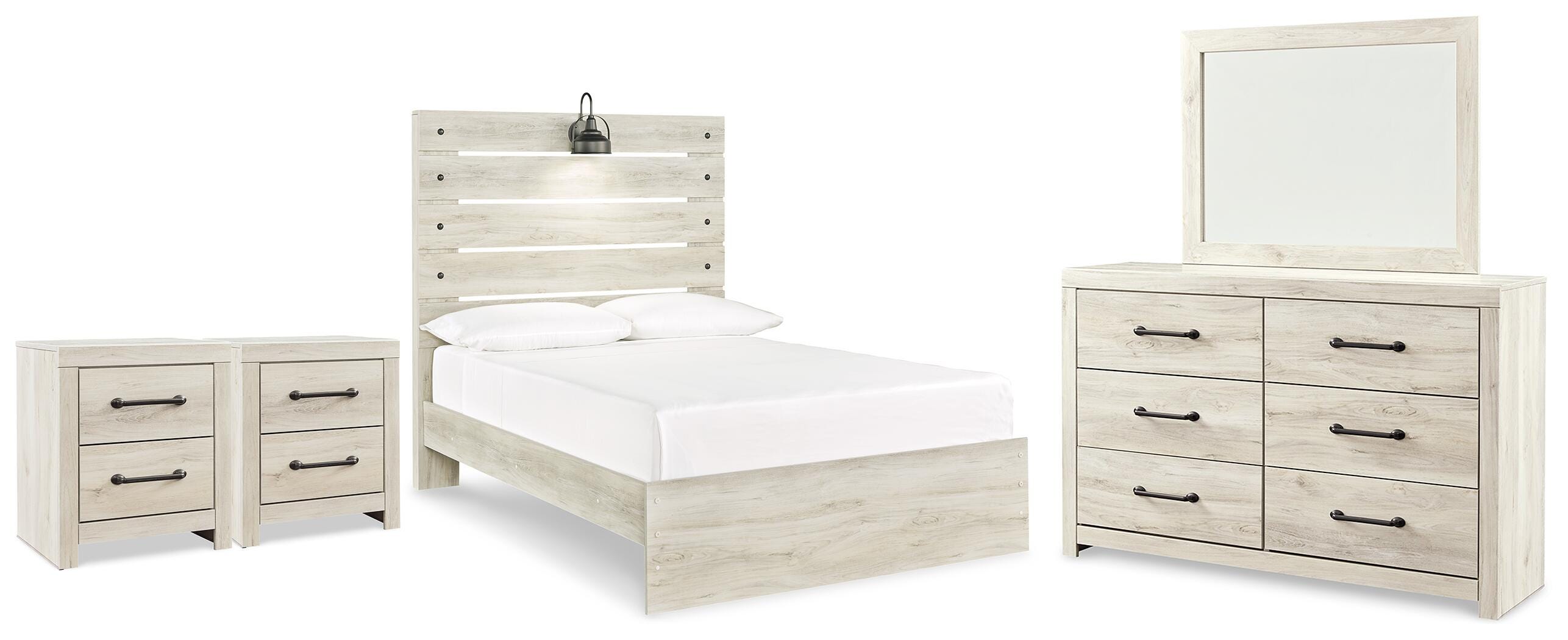 Averly Panel Bed with Mirrored Dresser and 2 Nightstands