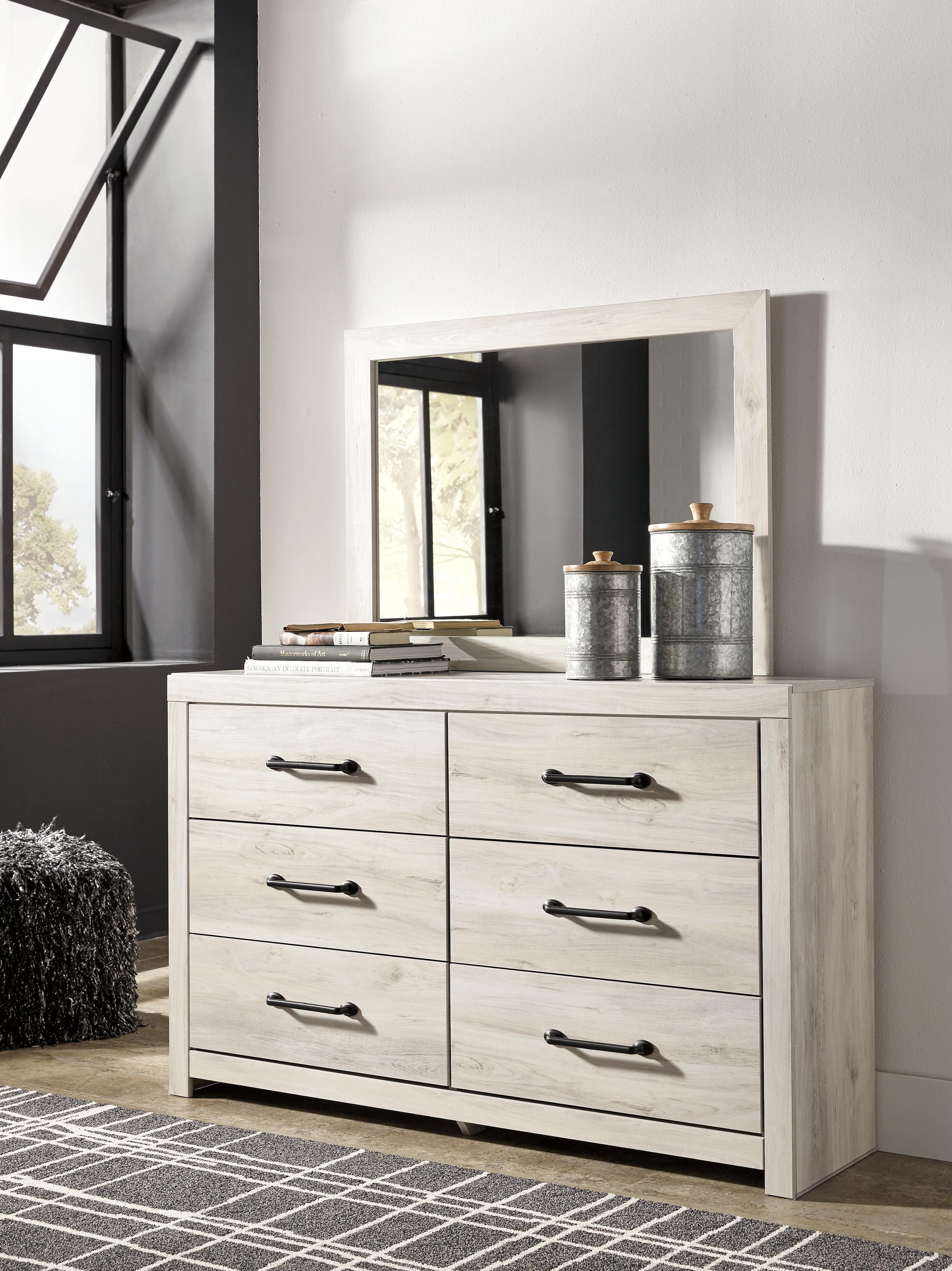 Cambeck Panel Bed with 2 Storage Drawers with Mirrored Dresser and Chest