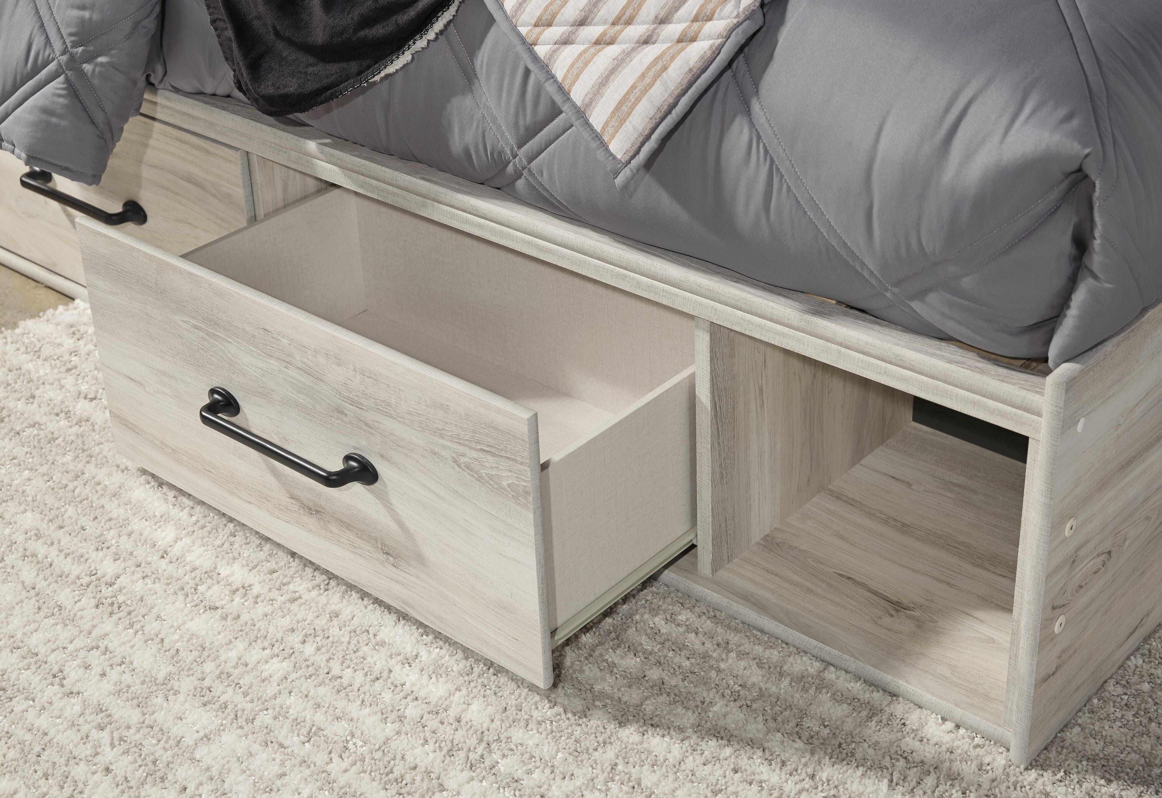 Cambeck Panel Bed with 4 Storage Drawers with Mirrored Dresser and 2 Nightstands