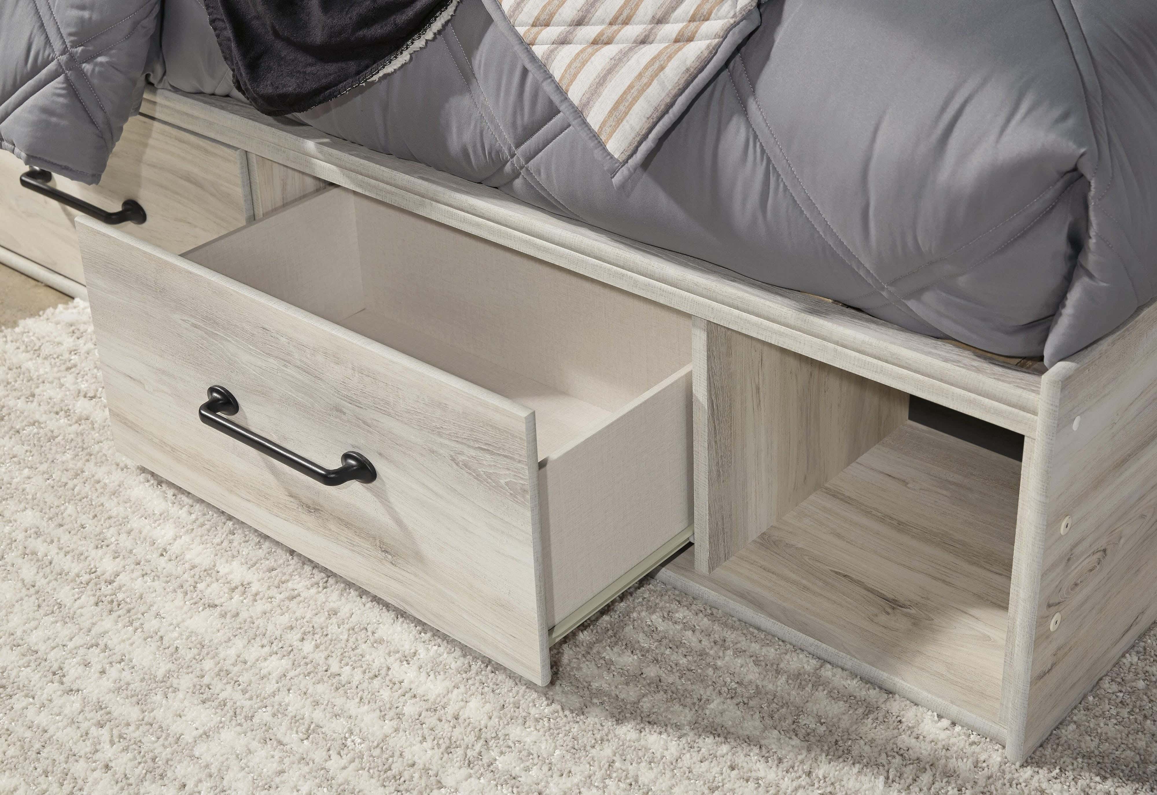 Averly Panel Bed with 4 Storage Drawers with Mirrored Dresser, Chest and 2 Nightstands