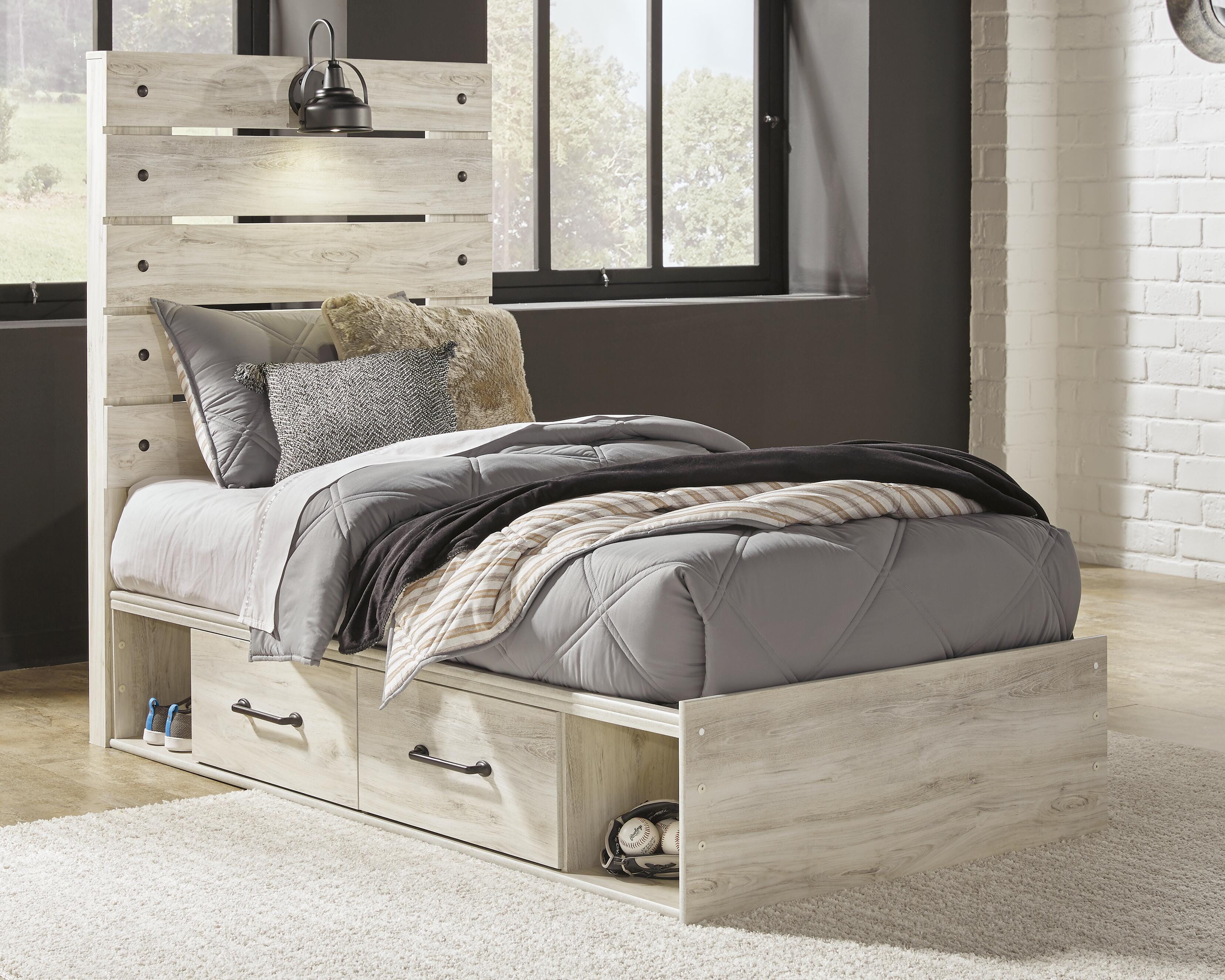 Averly Panel Bed with 2 Storage Drawers with Mirrored Dresser and 2 Nightstands