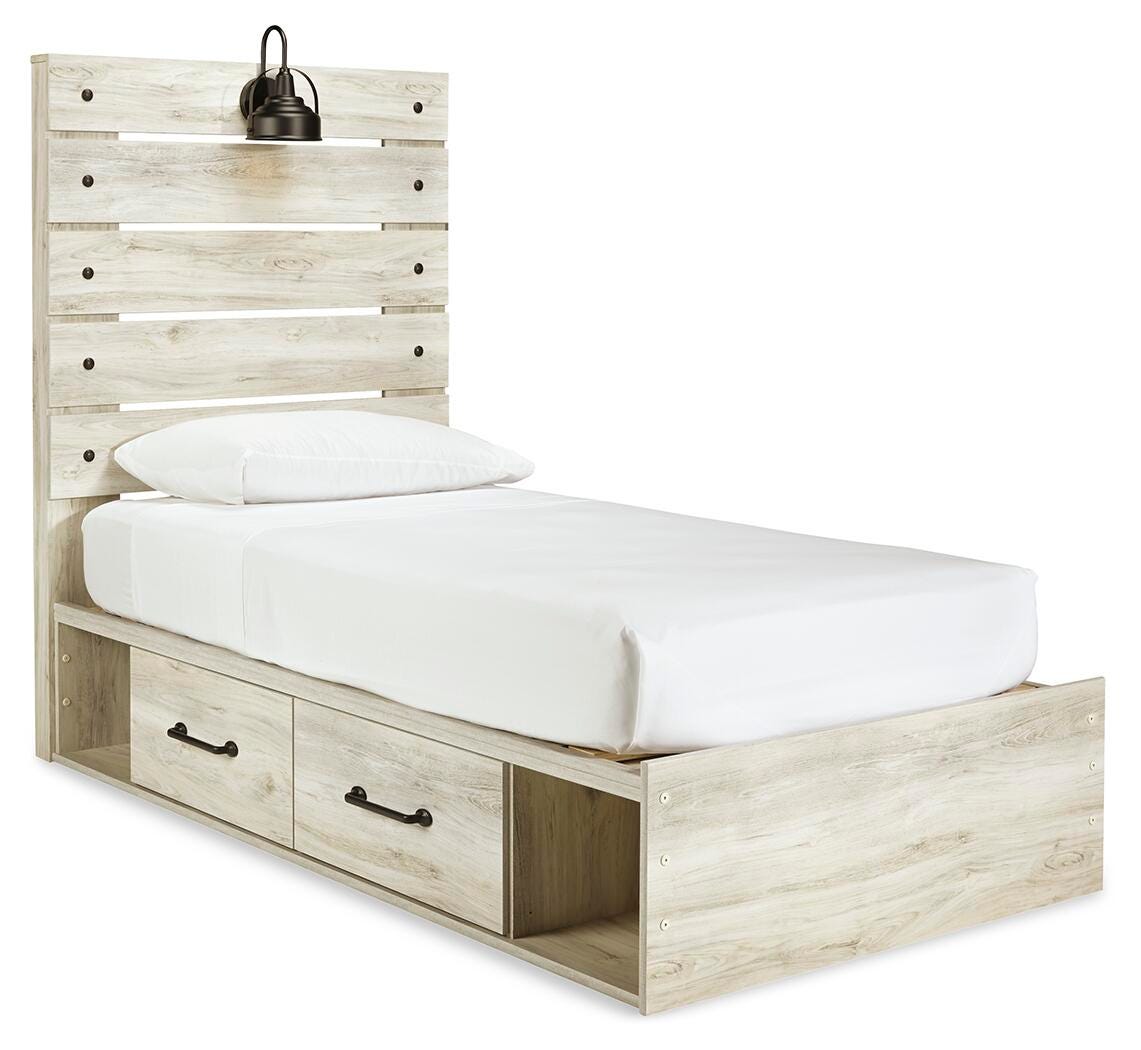 Averly Panel Bed with 2 Storage Drawers with Mirrored Dresser, Chest and Nightstand