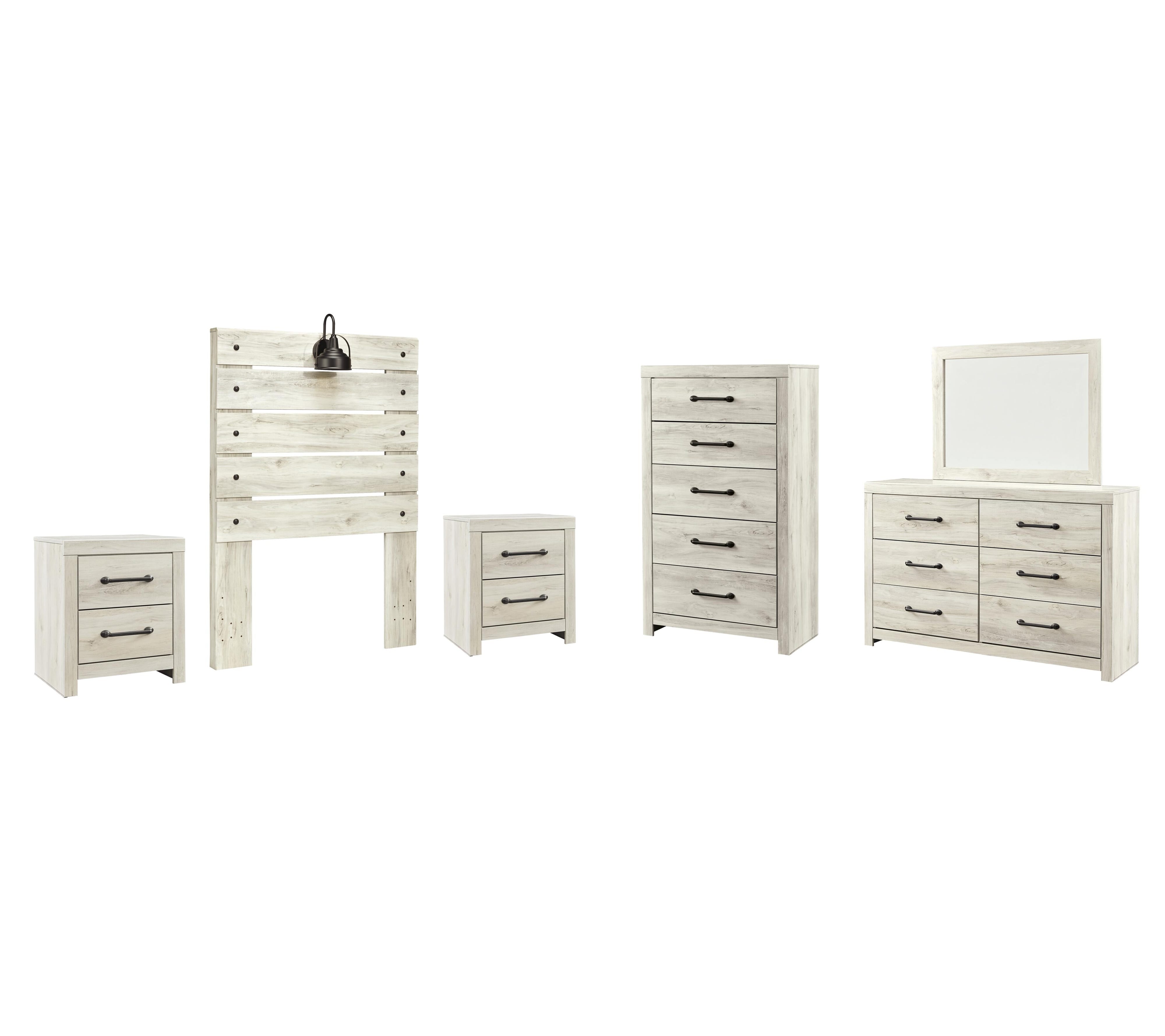 Averly Panel Headboard with Mirrored Dresser, Chest and 2 Nightstands