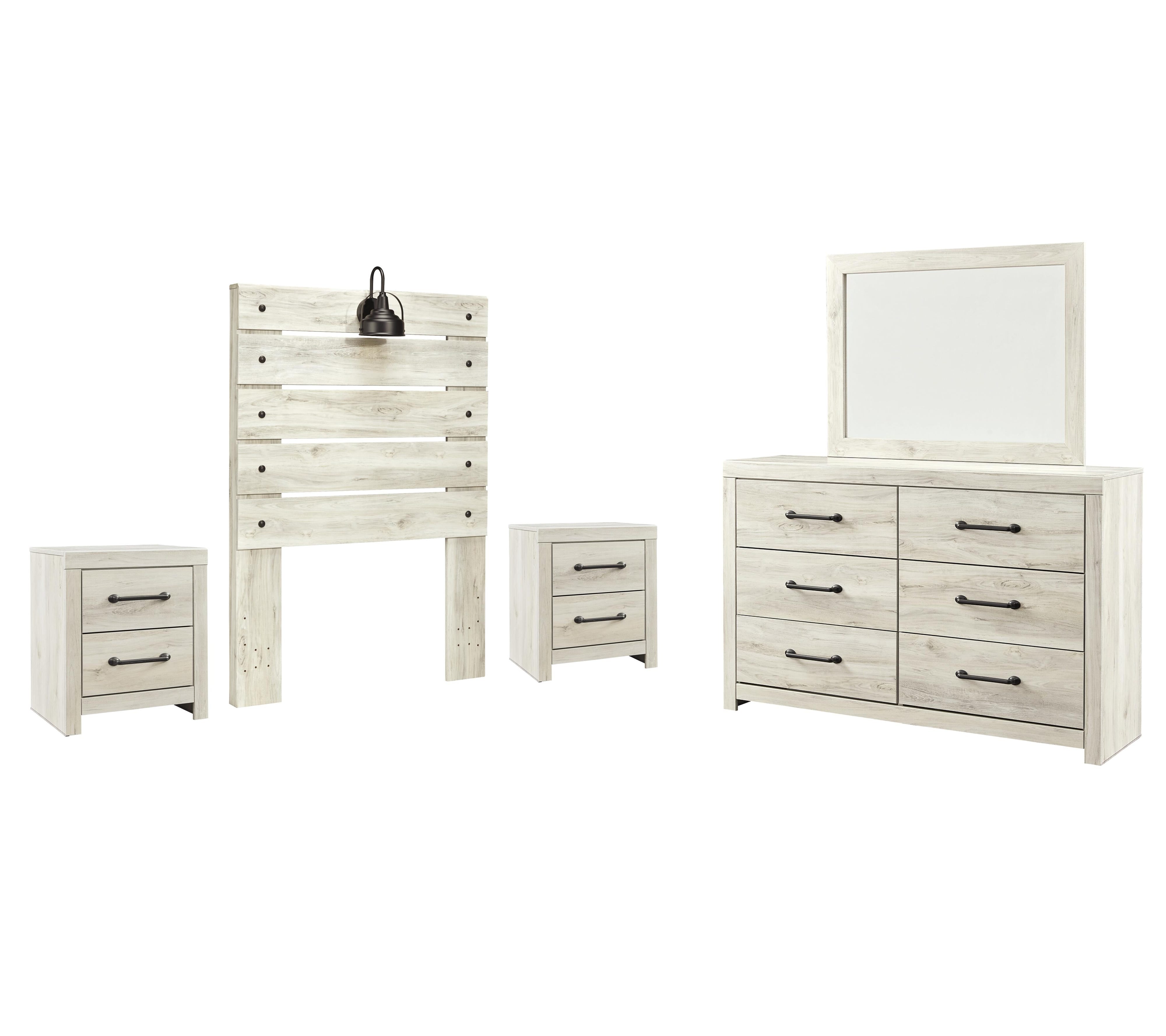 Averly Panel Headboard with Mirrored Dresser and 2 Nightstands