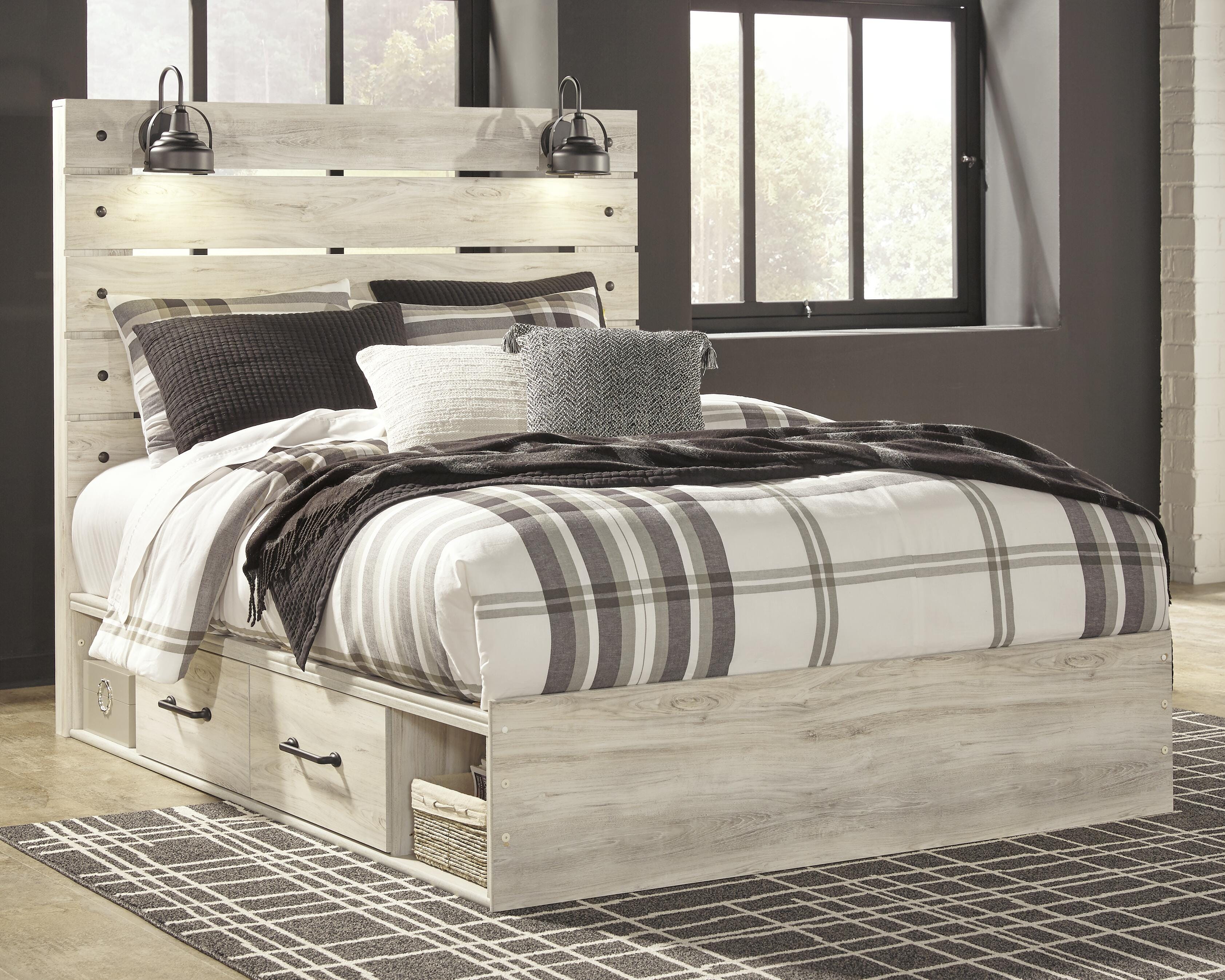 Averly Panel Bed with 2 Storage Drawers with Mirrored Dresser and Chest