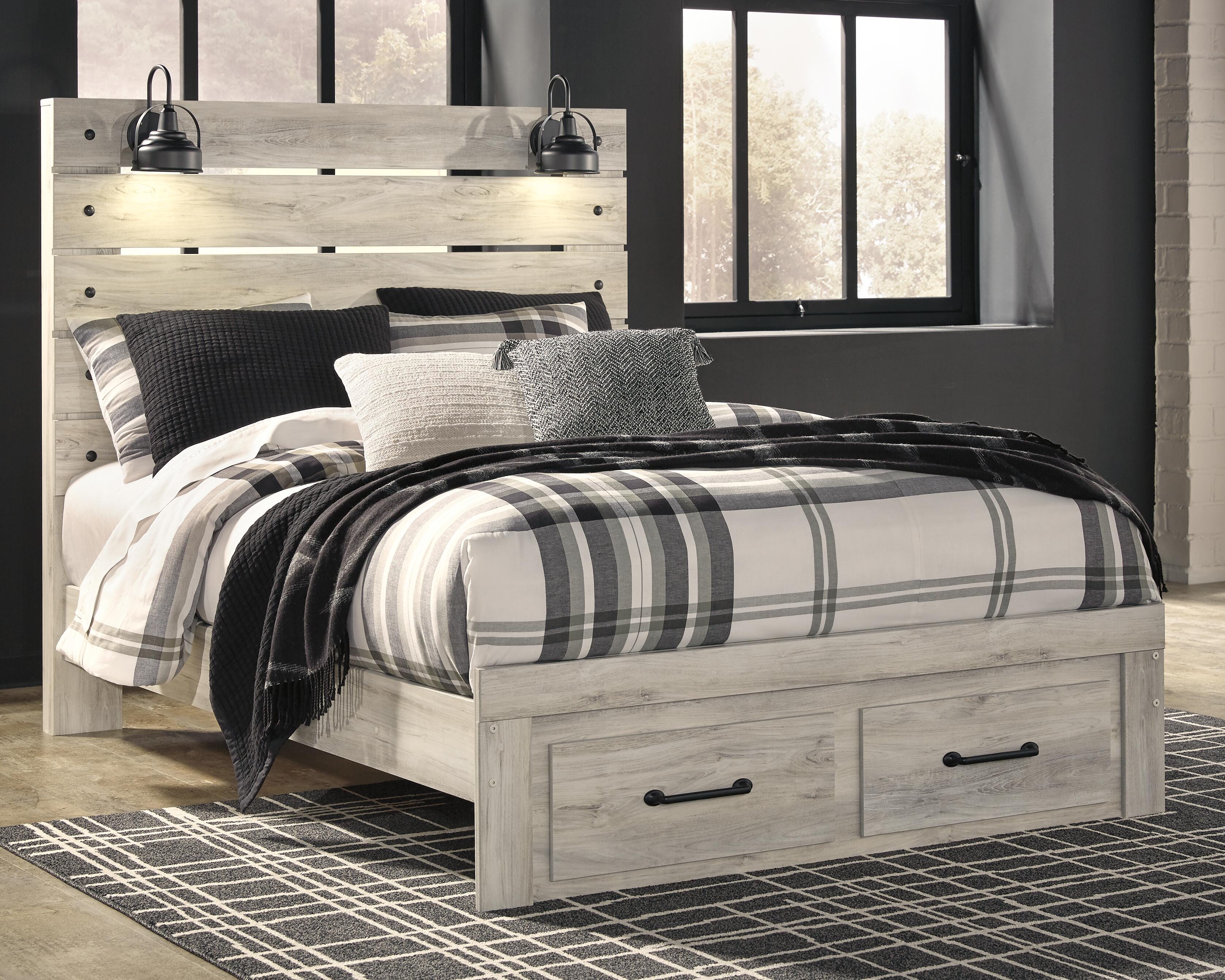 Cambeck Panel Bed with 2 Storage Drawers with Mirrored Dresser and Chest