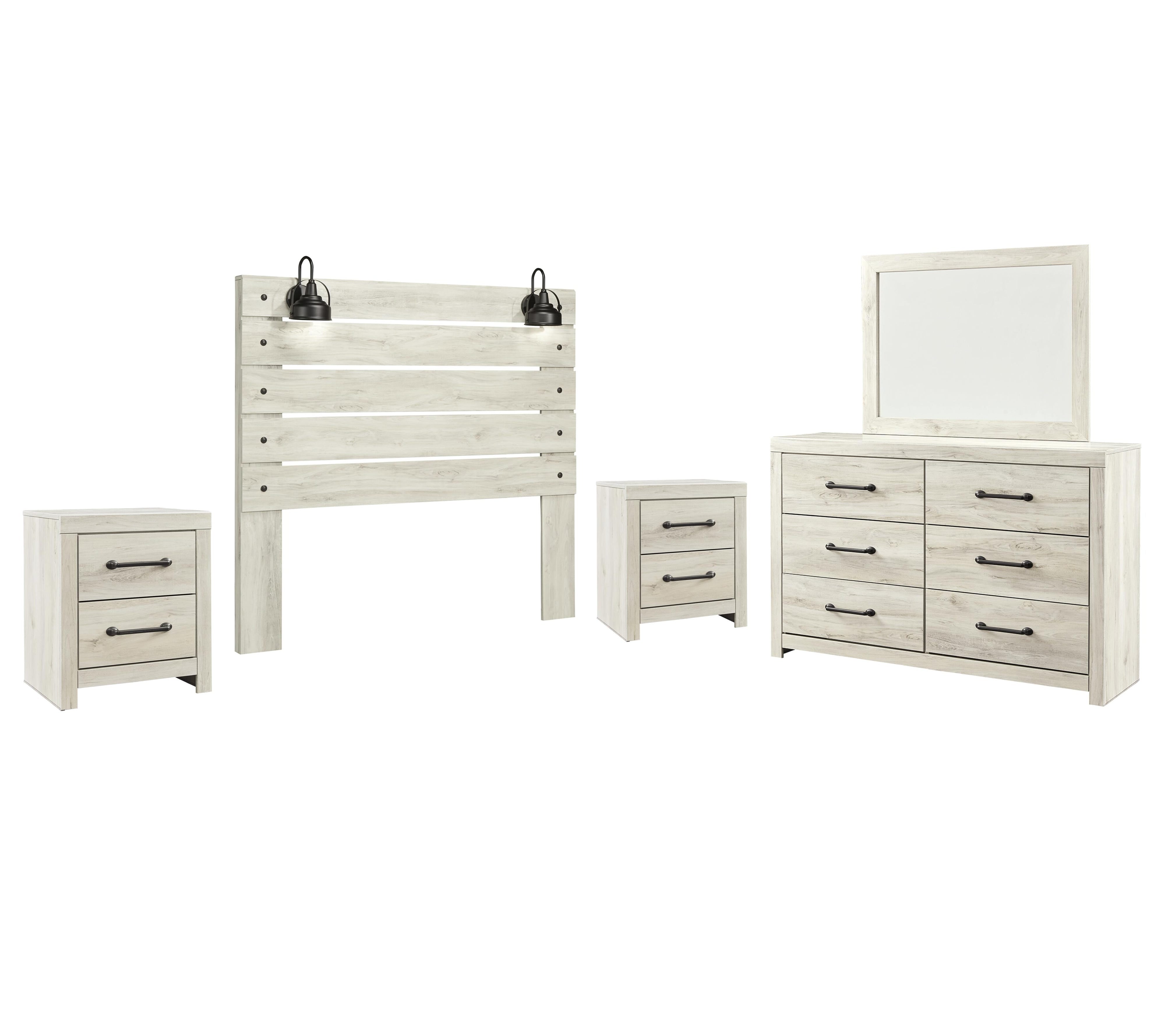 Averly Panel Headboard with Mirrored Dresser and 2 Nightstands