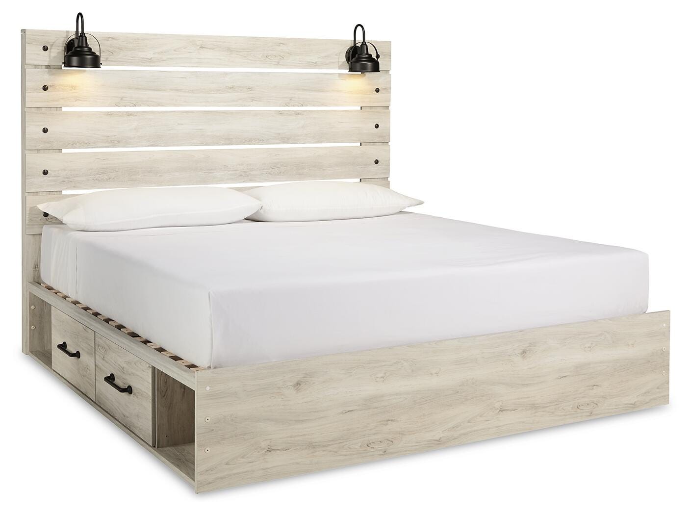 Averly Panel Bed with 2 Storage Drawers with Mirrored Dresser and Chest