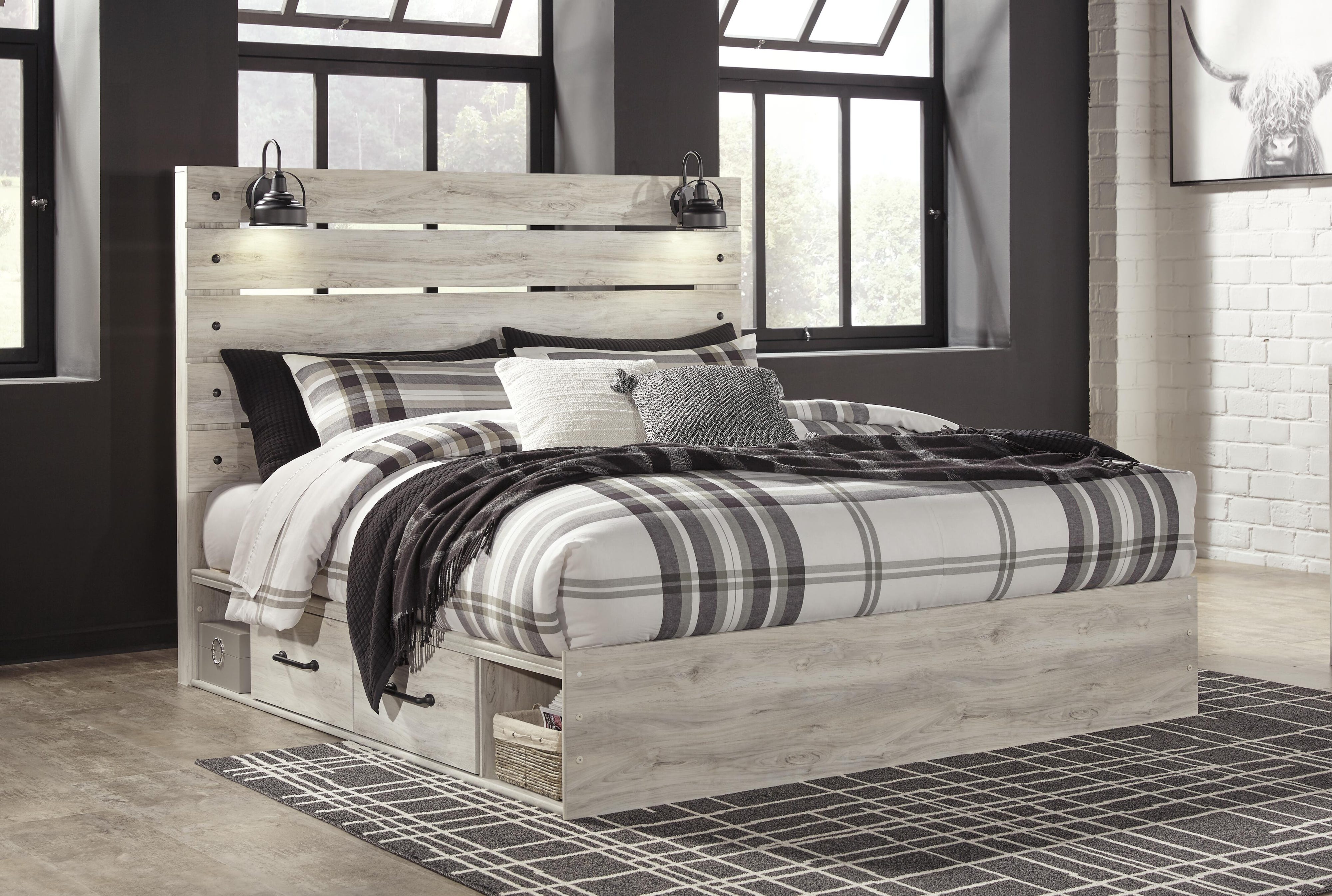 Averly Panel Bed with 2 Storage Drawers with Mirrored Dresser and Chest